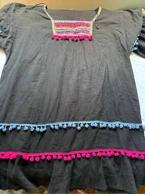 Primark Black Women’s Swim Coverup with Pink & Light Blue Pom Trim